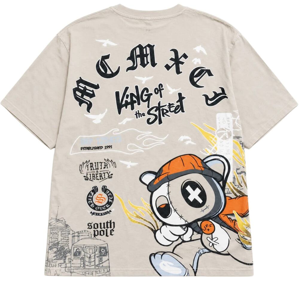 Southpole Men's T-Shirt King of the Street Cartoon Bear Premium Tee in Oyster